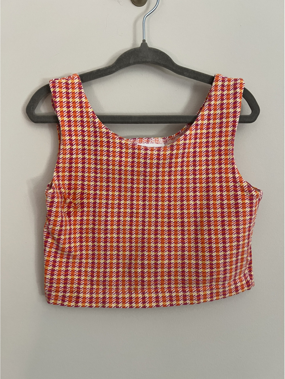 Vintage 90s Gitano Orange Pink Plaid Crop Fitted Tank Top